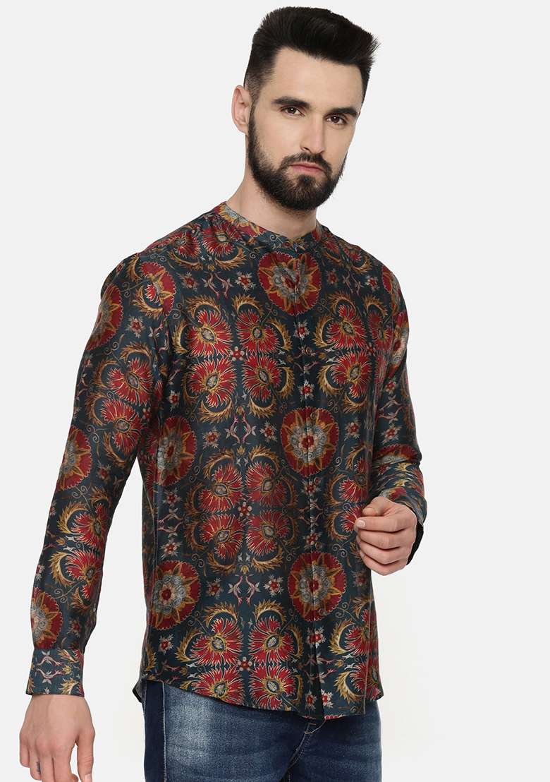 Green And Red Geometric Print Linen Bemberg Shirt For Men - Indya
