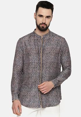 Blue And Beige Printed Linen Bemberg Shirt For Men