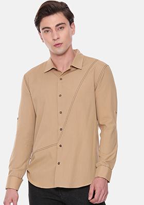 Beige Solid Cotton Shirt For Men