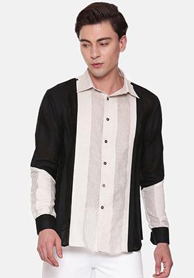 Black And Beige Linen Shirt For Men