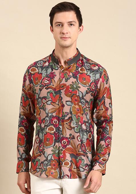 Brown Floral Print Muslin Shirt For Men
