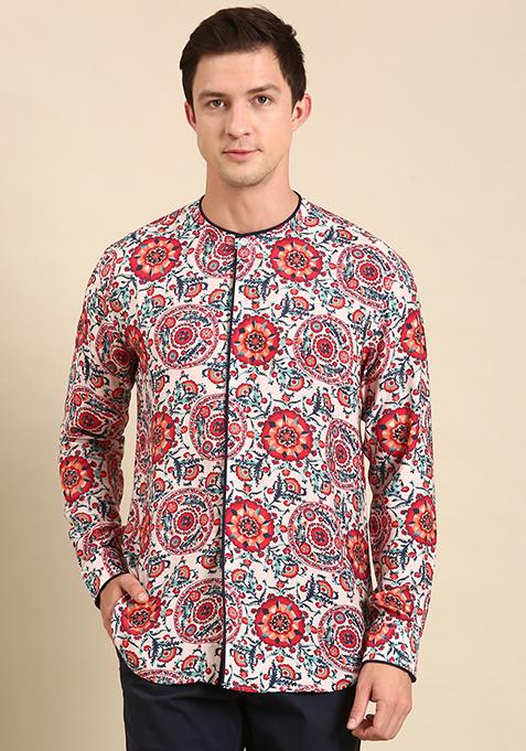 Cream And Red Printed Muslin Shirt For Men