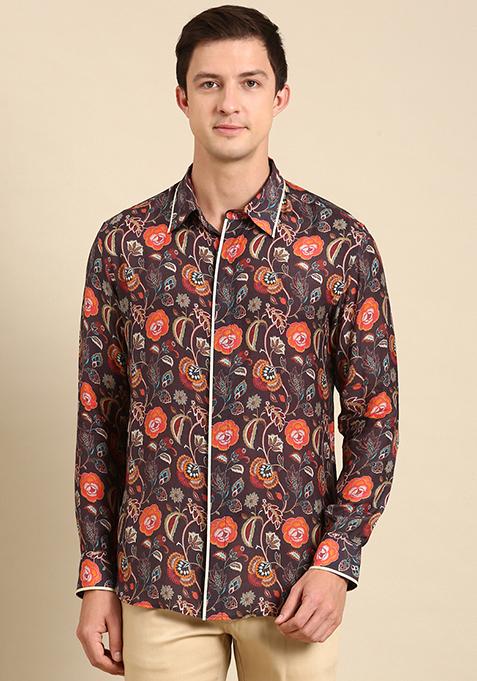Brown And Orange Floral Print Muslin Shirt For Men