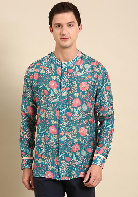 Turquoise Blue Floral Print Muslin Shirt For Men