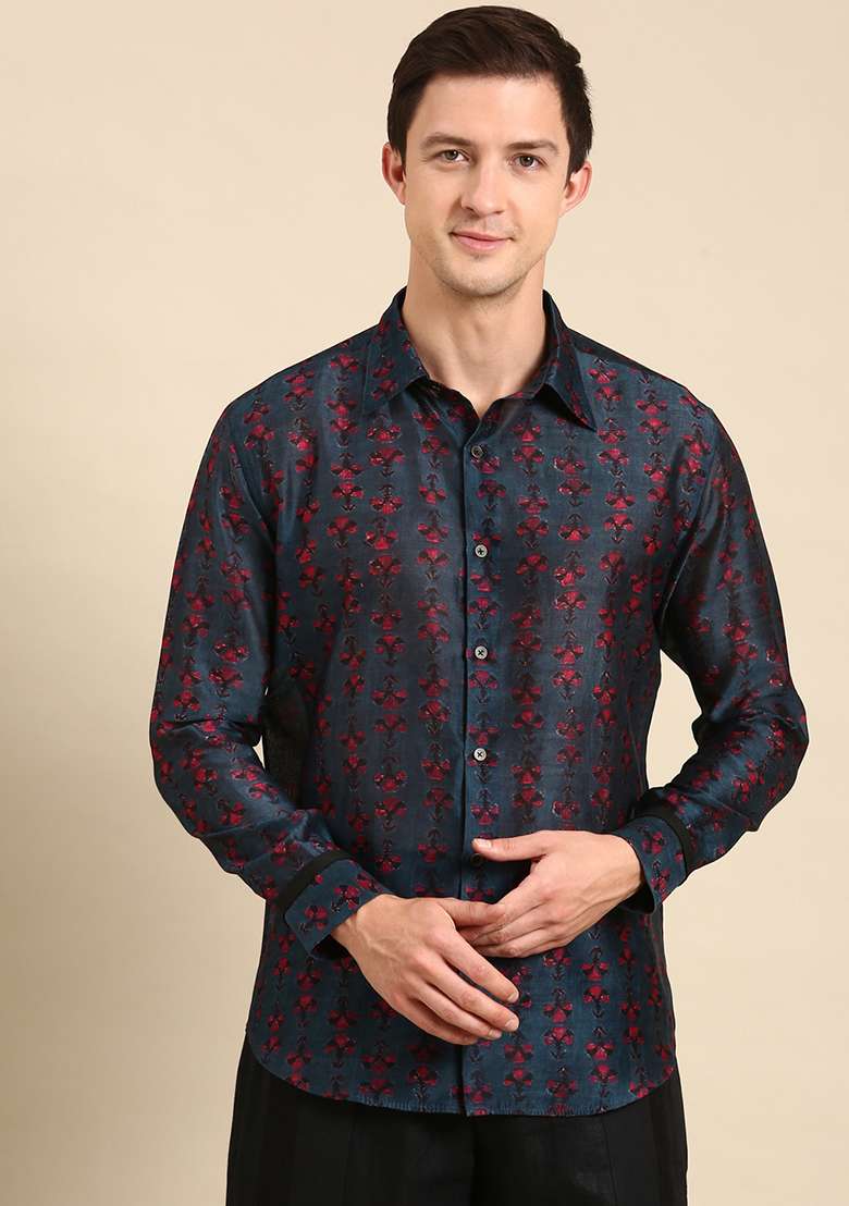 Navy Blue Digital Print Chanderi Shirt For Men - Indya