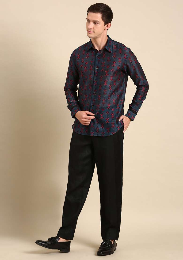 Navy Blue Digital Print Chanderi Shirt For Men - Indya