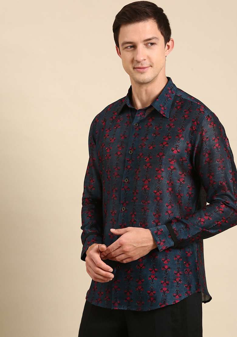 Navy Blue Digital Print Chanderi Shirt For Men - Indya