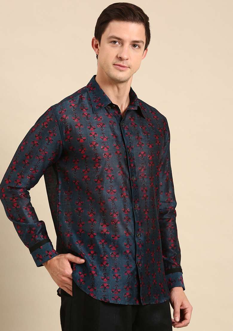 Navy Blue Digital Print Chanderi Shirt For Men - Indya