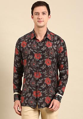 Charcoal Grey Digital Print Muslin Shirt For Men