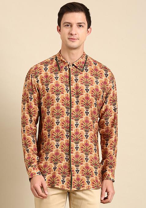 Mustard Floral Print Muslin Shirt For Men