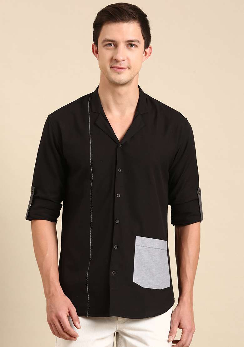 Black Malai Cotton Shirt For Men - Indya