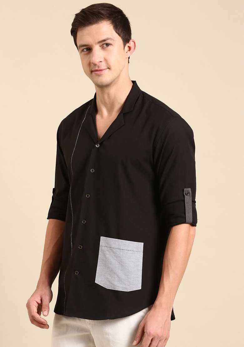 Black Malai Cotton Shirt For Men - Indya