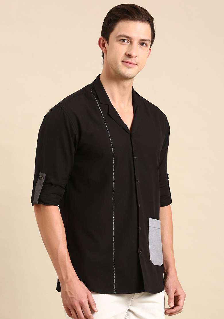 Black Malai Cotton Shirt For Men - Indya