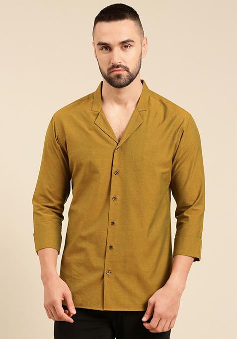 Mustard Green Malai Cotton Shirt For Men