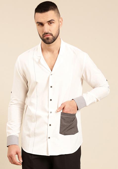 White And Grey Malai Cotton Shirt For Men
