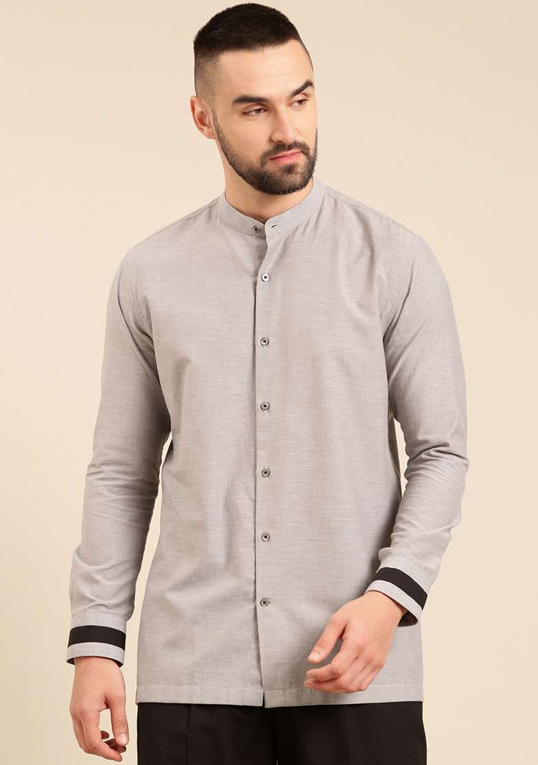 Grey And Black Malai Cotton Shirt For Men - Indya