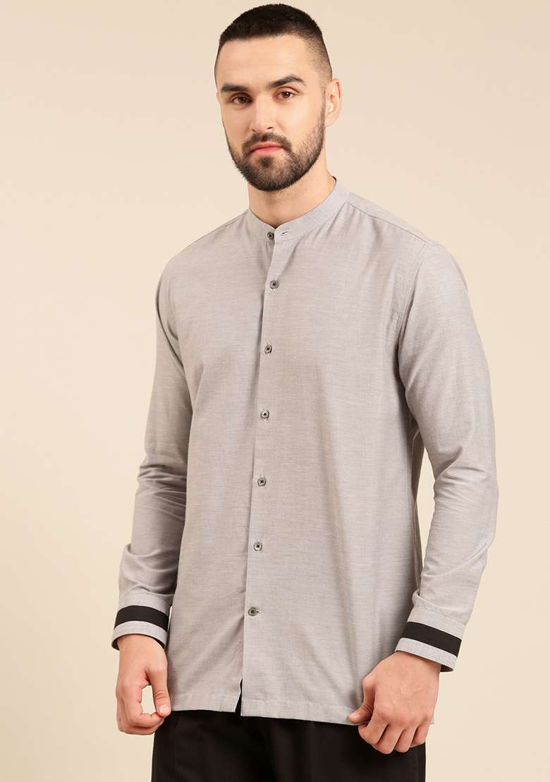 Grey And Black Malai Cotton Shirt For Men - Indya