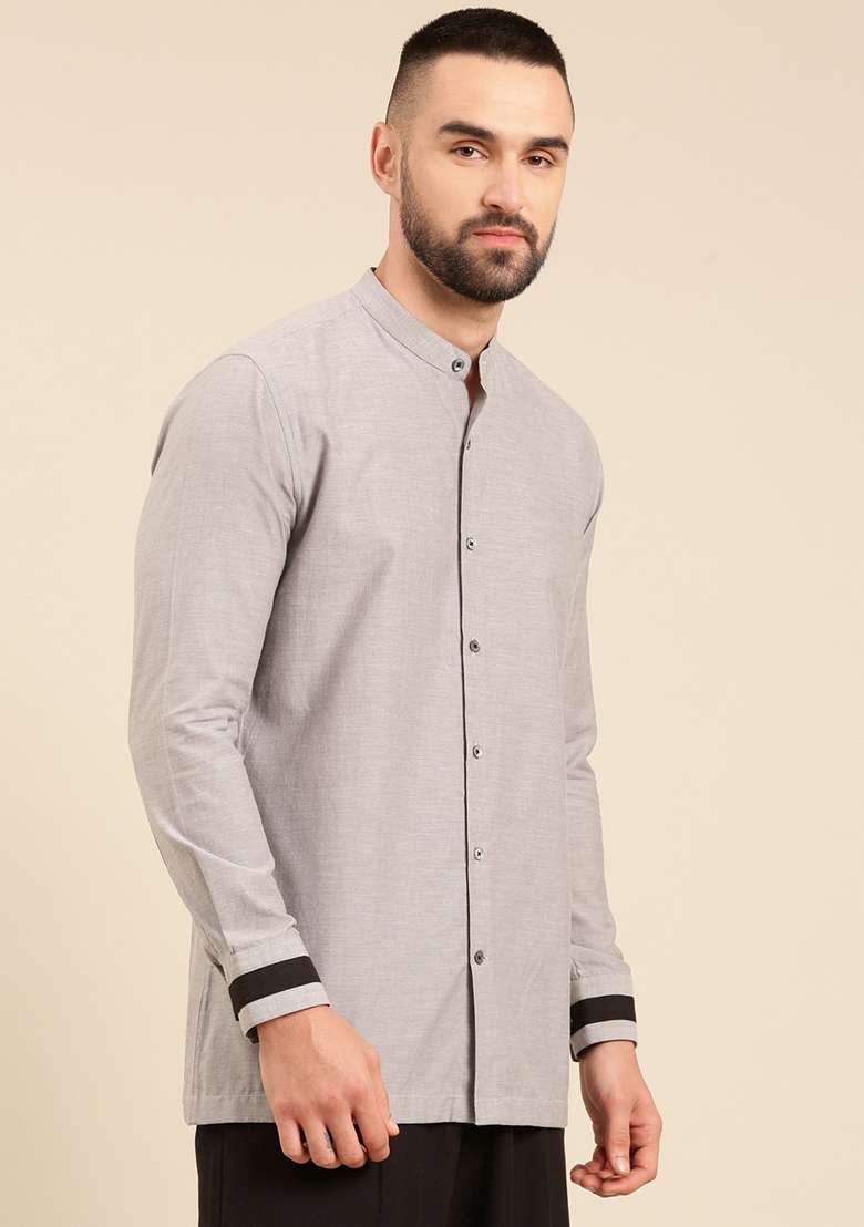 Grey And Black Malai Cotton Shirt For Men - Indya