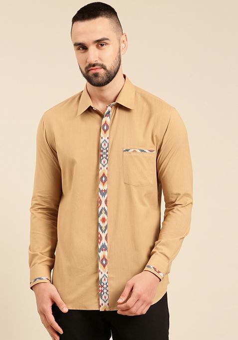 Khaki Printed Malai Cotton Shirt For Men
