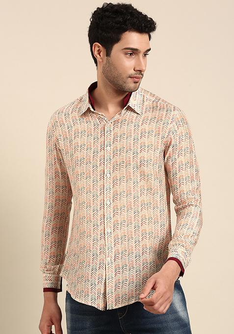 Beige And Cream Printed Muslin Shirt For Men