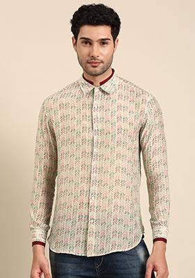 Cream And Beige Printed Muslin Shirt For Men