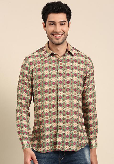 Beige And Green Printed Muslin Shirt For Men