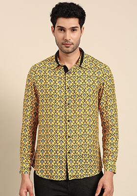 Yellow And Black Printed Muslin Shirt For Men