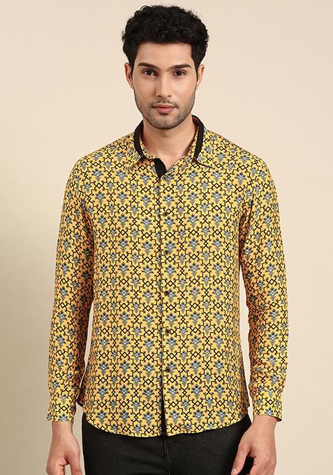 Yellow And Black Printed Muslin Shirt For Men