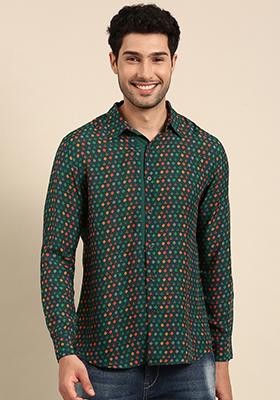 Teal Printed Muslin Shirt For Men