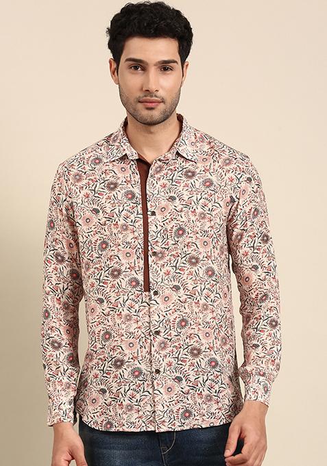Beige And Red Printed Muslin Shirt For Men