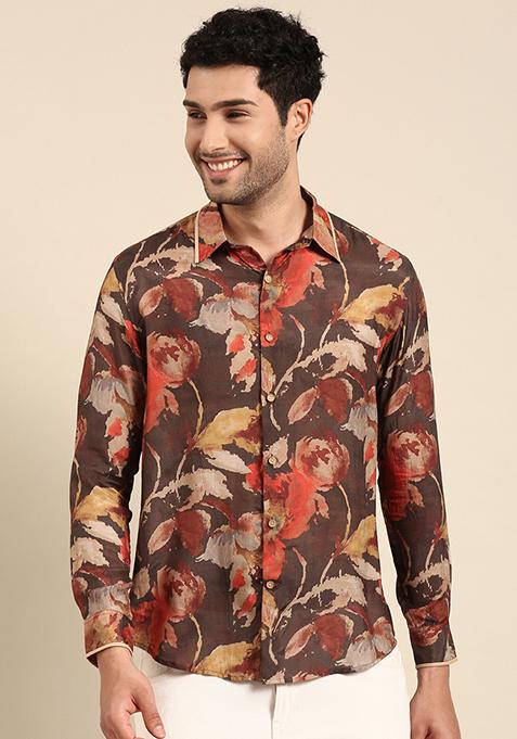 Red And Charcoal Printed Muslin Shirt For Men