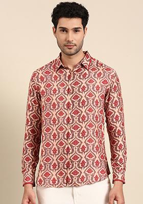 Peach Printed Muslin Shirt For Men