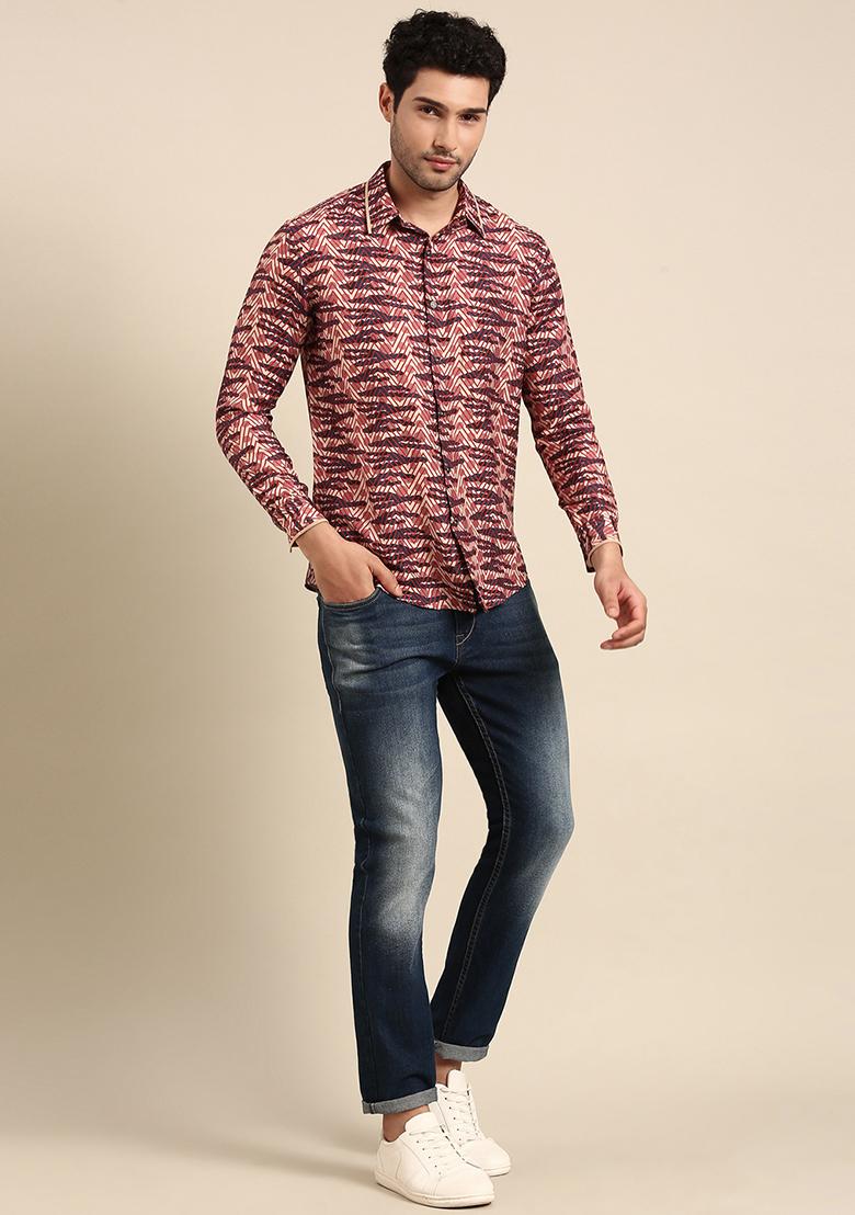 Blue And Red Printed Muslin Shirt For Men - Indya