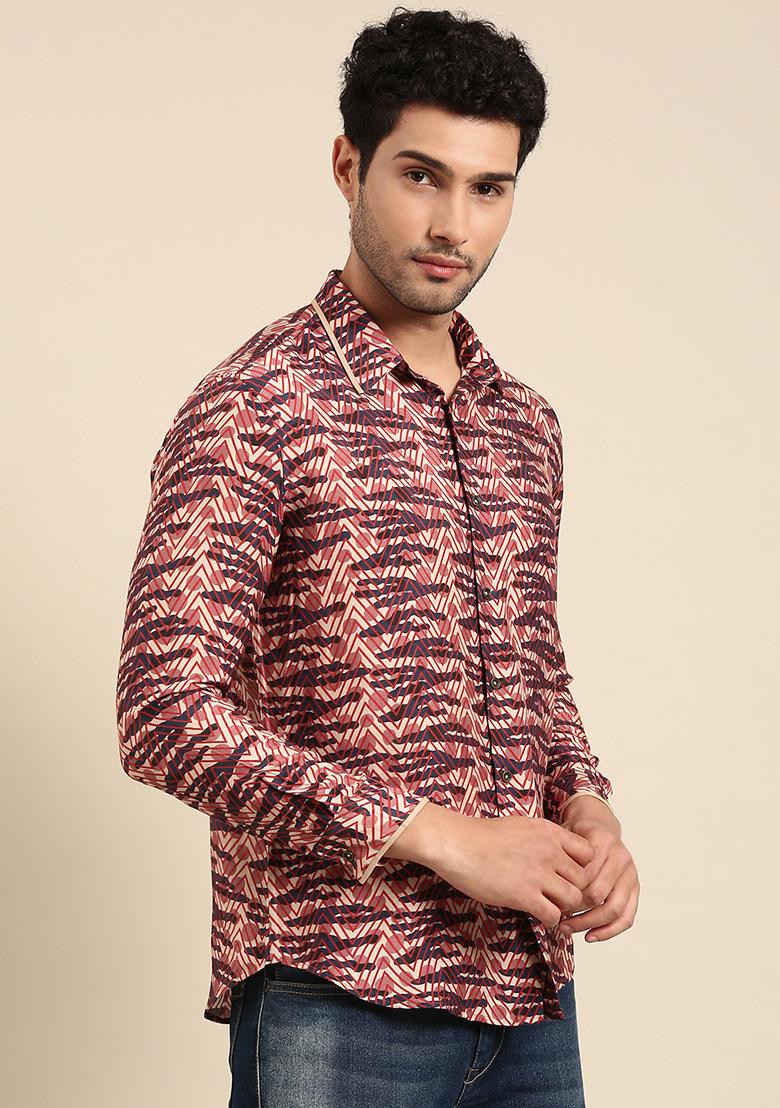 Blue And Red Printed Muslin Shirt For Men - Indya