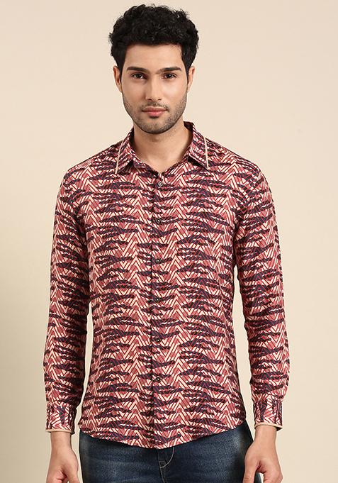 Blue And Red Printed Muslin Shirt For Men