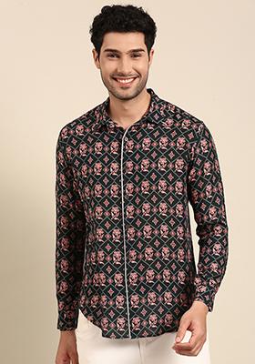 Dark Blue Printed Muslin Shirt For Men