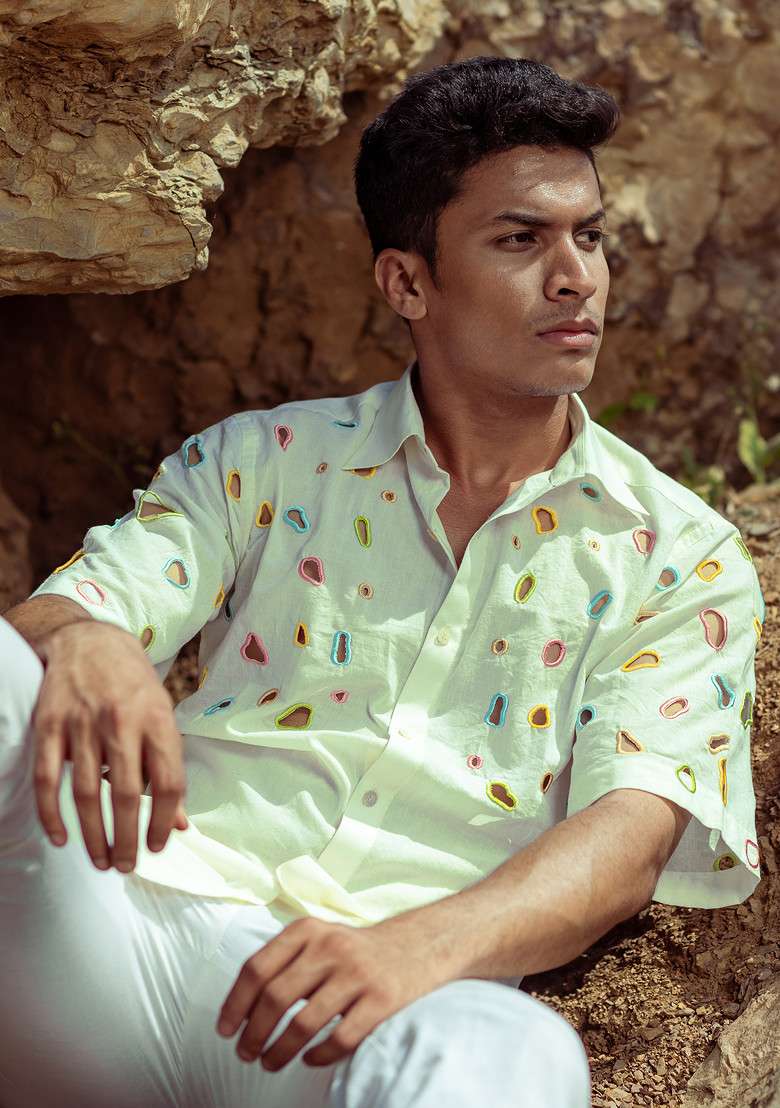 White Multicolour Hand Cut Work Pebble Apparel Shirt For Men - Indya