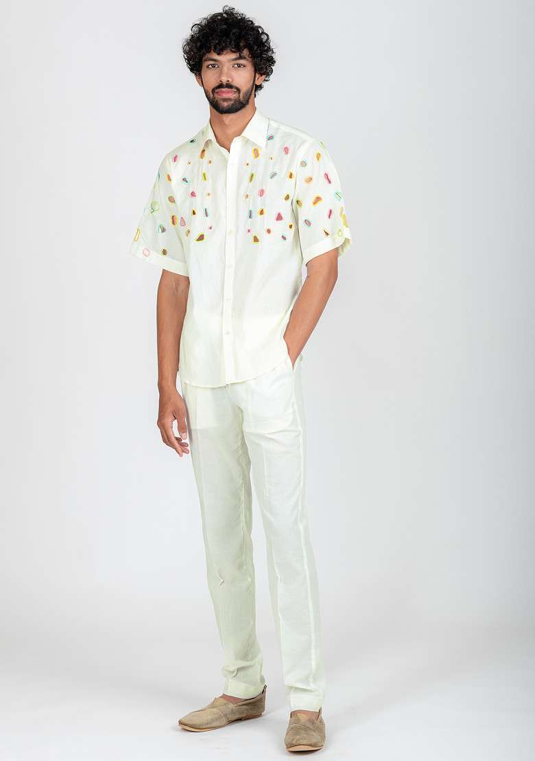 White Multicolour Hand Cut Work Pebble Apparel Shirt For Men - Indya