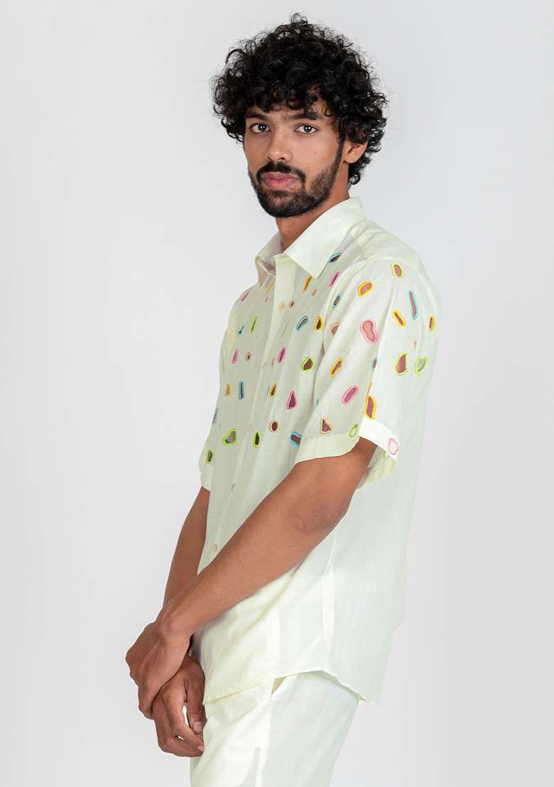 White Multicolour Hand Cut Work Pebble Apparel Shirt For Men - Indya