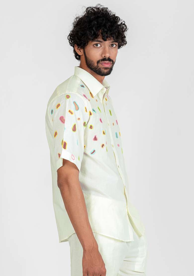 White Multicolour Hand Cut Work Pebble Apparel Shirt For Men - Indya