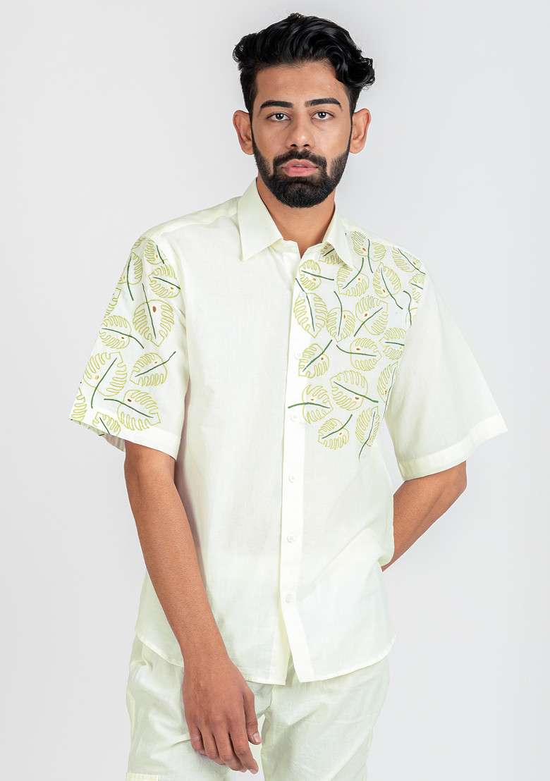 White Multicolour Hand Cut Work Windy Monstera Shirt For Men - Indya