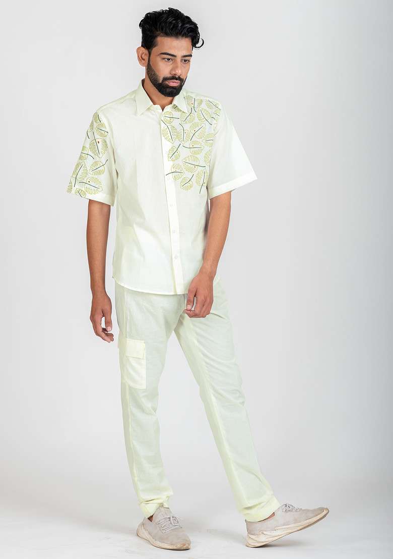 White Multicolour Hand Cut Work Windy Monstera Shirt For Men - Indya