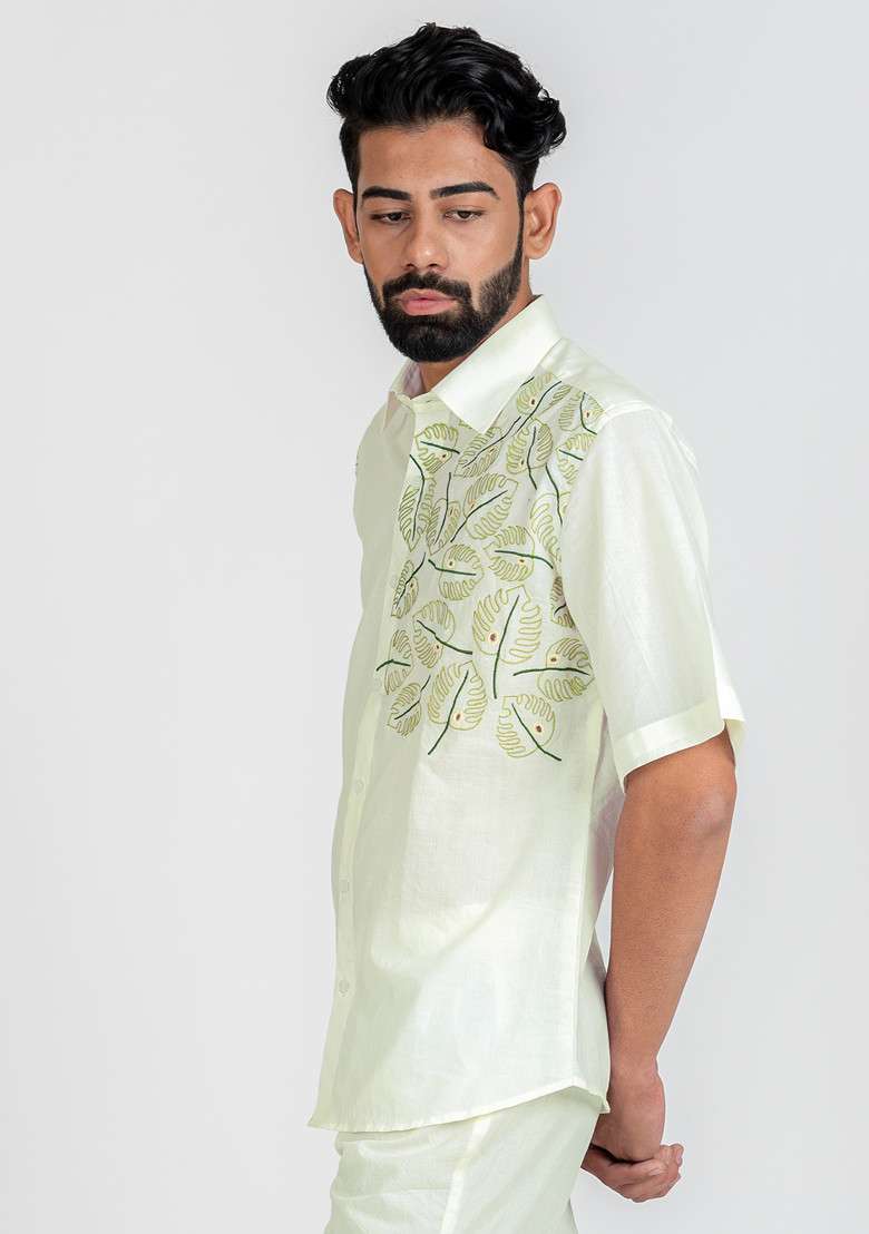 White Multicolour Hand Cut Work Windy Monstera Shirt For Men - Indya