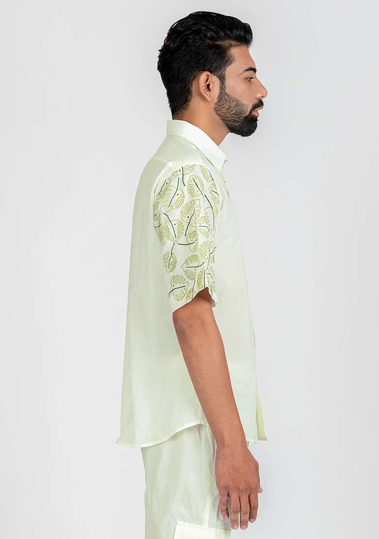 White Multicolour Hand Cut Work Windy Monstera Shirt For Men - Indya