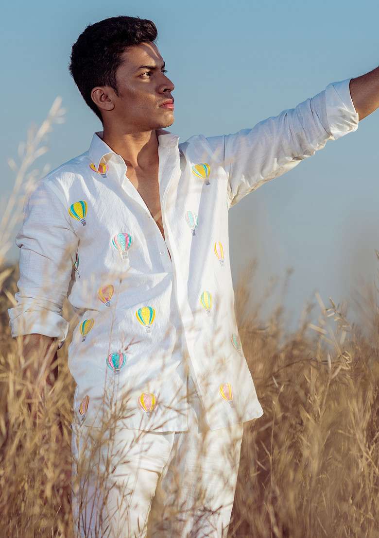 White Multicolour Hand Embroidered Vacay Balloon Ride Shirt For Men - Indya