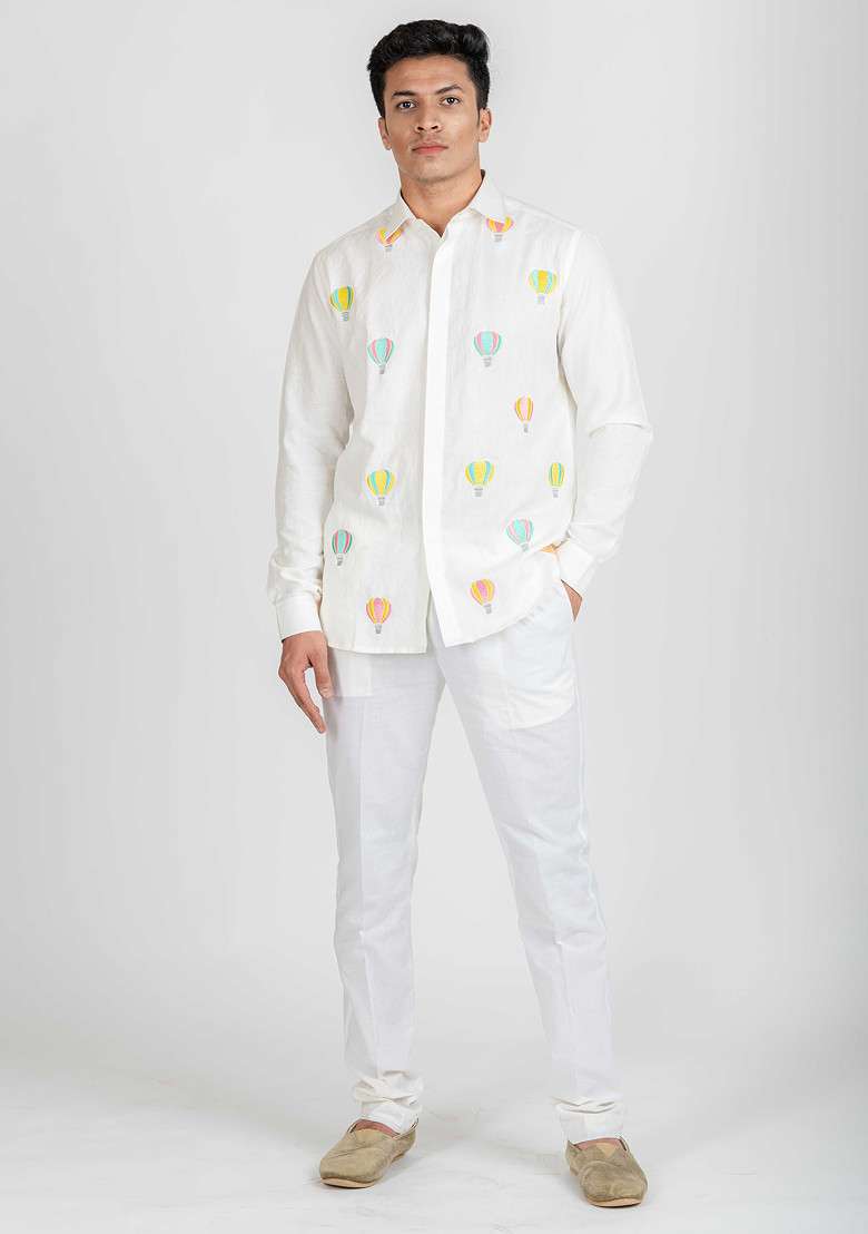 White Multicolour Hand Embroidered Vacay Balloon Ride Shirt For Men - Indya