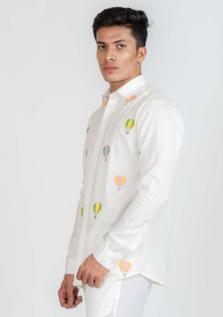 White Multicolour Hand Embroidered Vacay Balloon Ride Shirt For Men - Indya