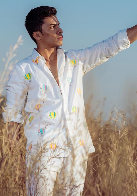 White Multicolour Hand Embroidered Vacay Balloon Ride Shirt For Men