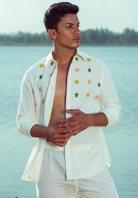White Multicolour Hand Embroidered Peppy Turtle Shirt For Men