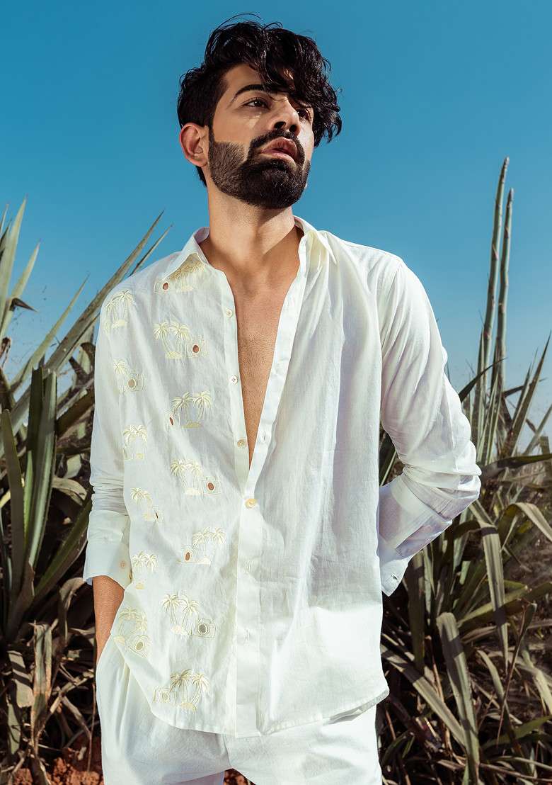 White Multicolour Hand Cut Work Shot On Beach Shirt For Men - Indya